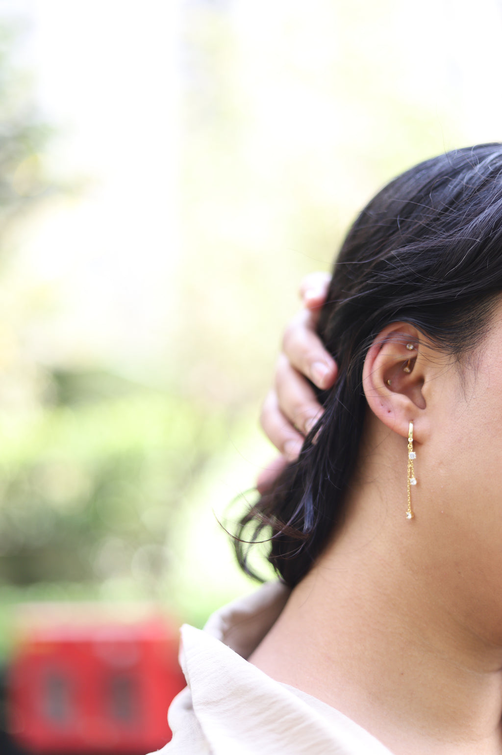 Long Chain Stone Charm Drop Hoop