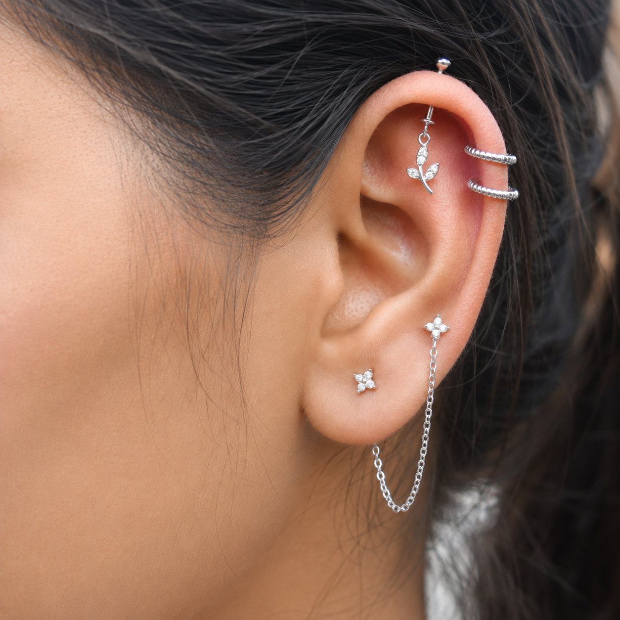 Leafy Drop Helix Hanging Earrings