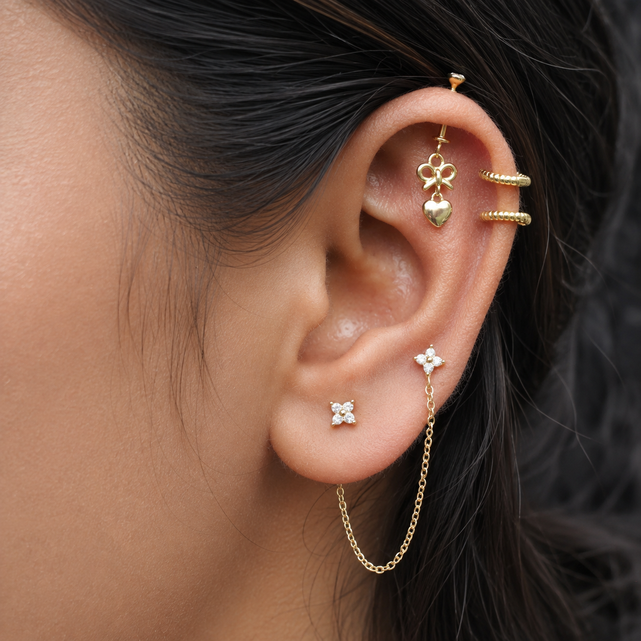 Pretty Little Bow Heart Helix Hanging Earrings