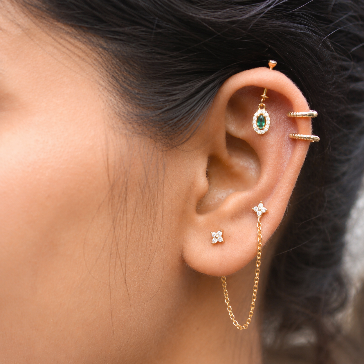 Emerald Solitare Helix Hanging Earrings