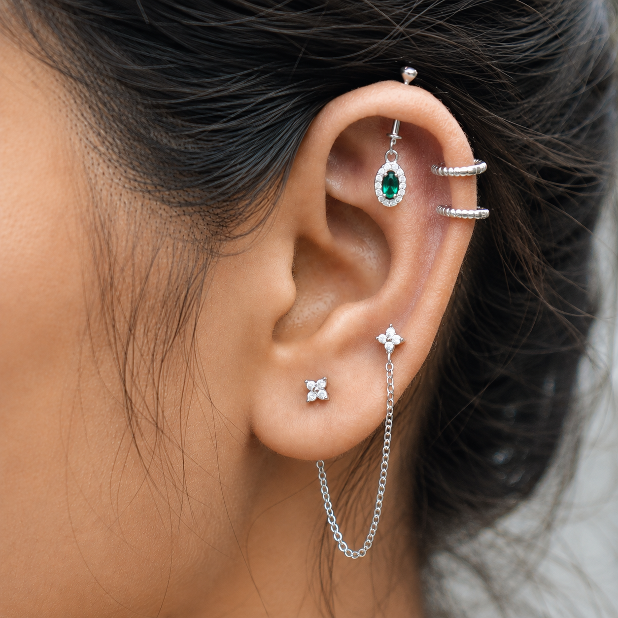 Emerald Solitare Helix Hanging Earrings