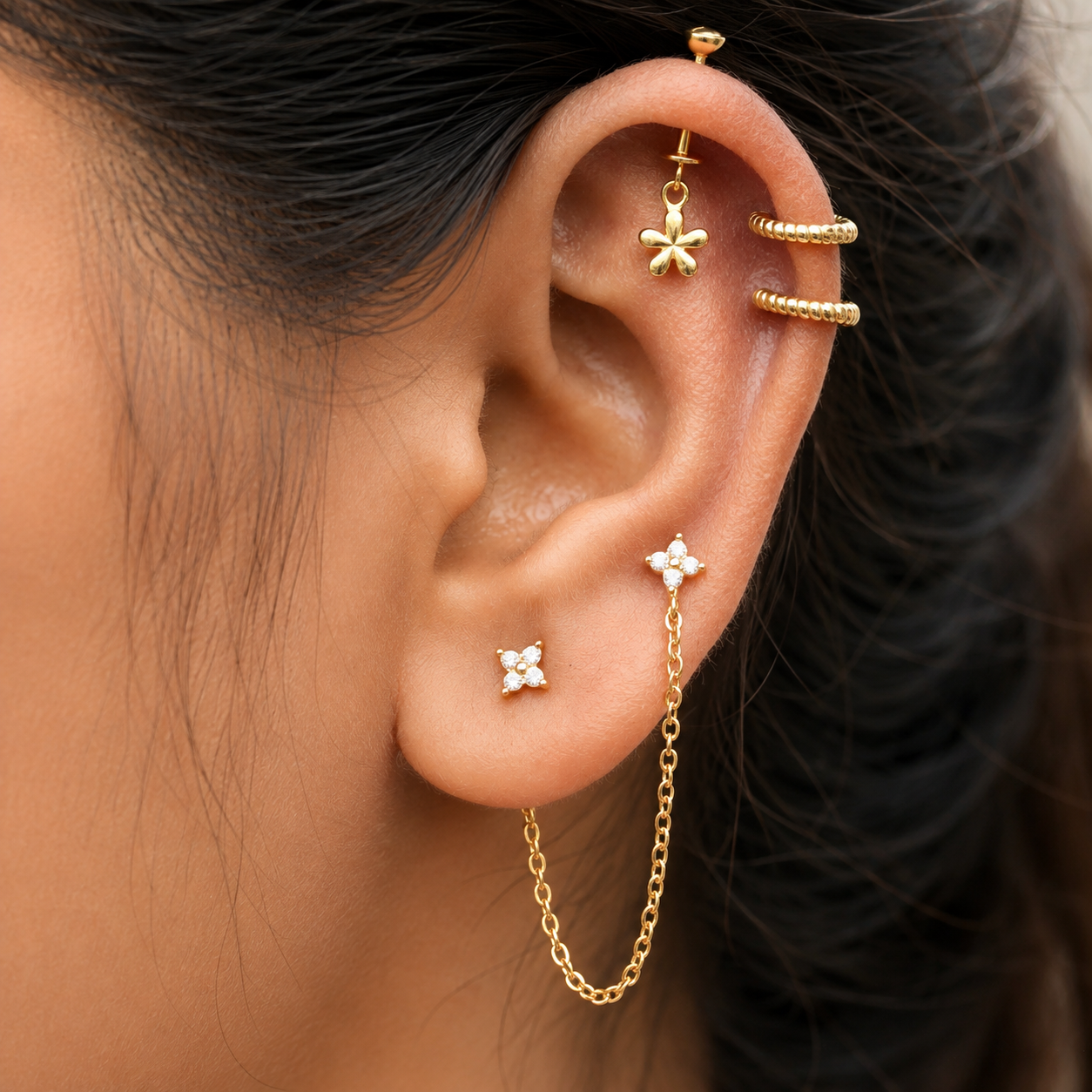 Dainty Flower Helix Hanging Earrings