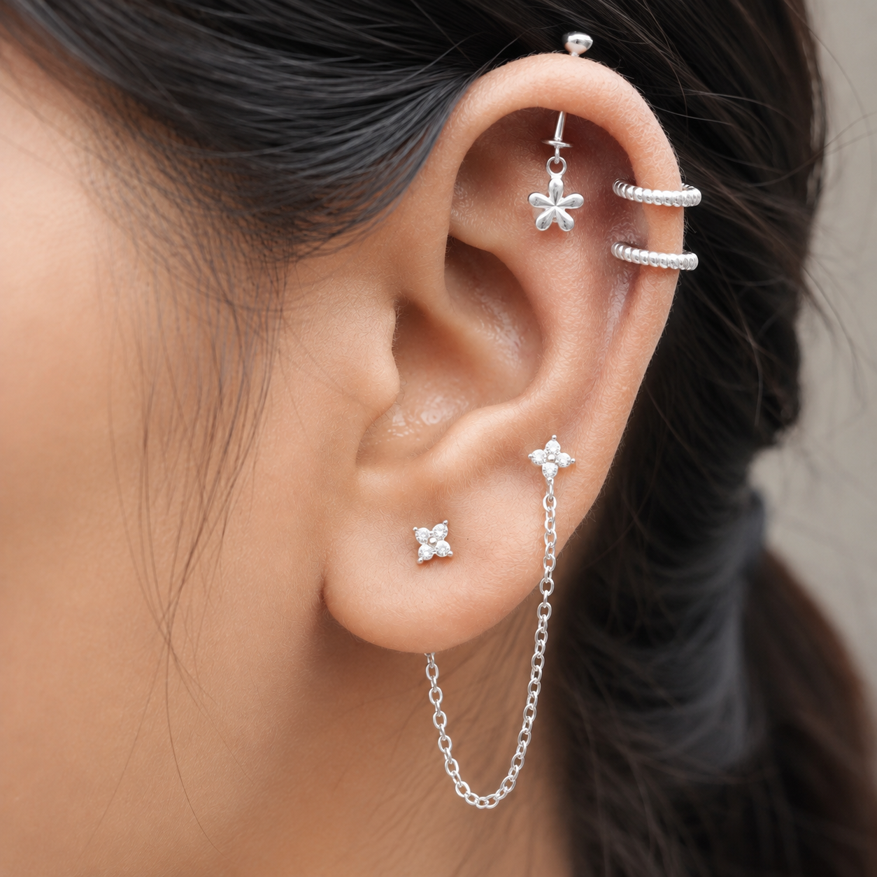 Dainty Flower Helix Hanging Earrings