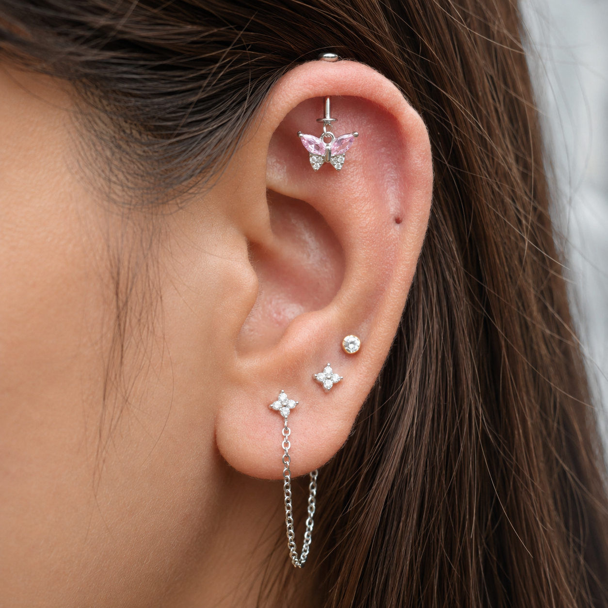 Baby Pink Butterfly Helix Hanging Earrings