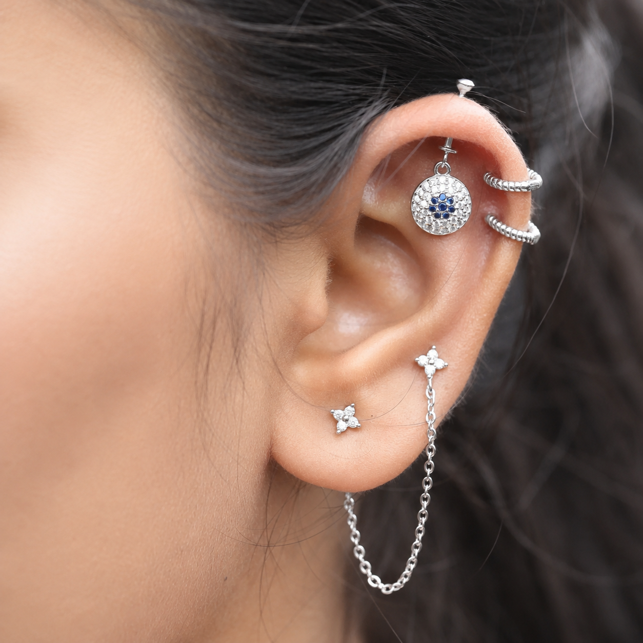 Blue Round Evil Eye Helix Hanging Earrings