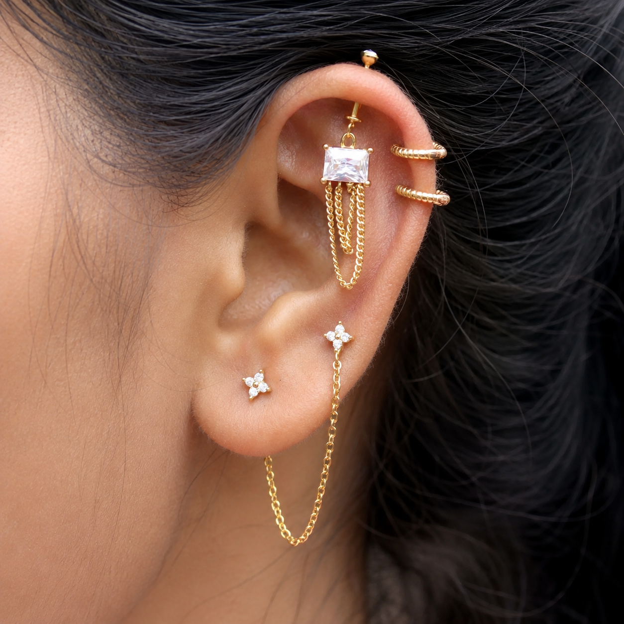 Solitaire Chain Drop Helix Hanging Earrings