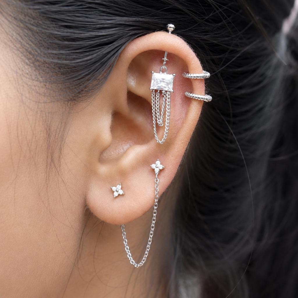 Solitaire Chain Drop Helix Hanging Earrings
