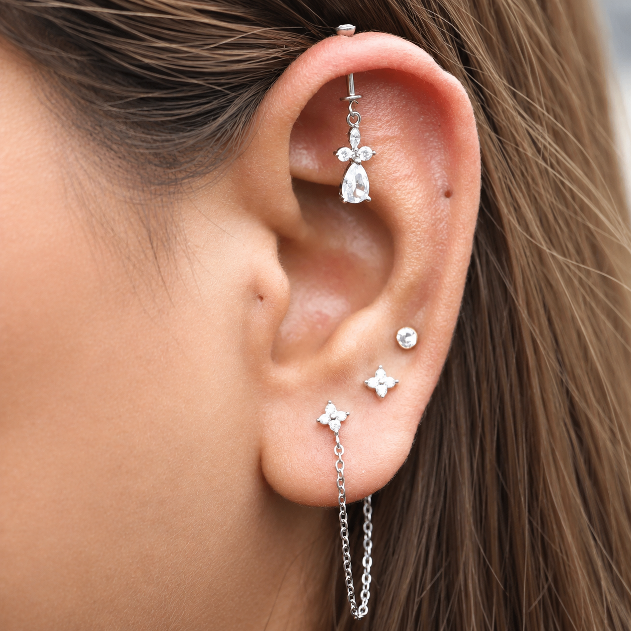 Petal Solitare Drop Helix Hanging Earrings