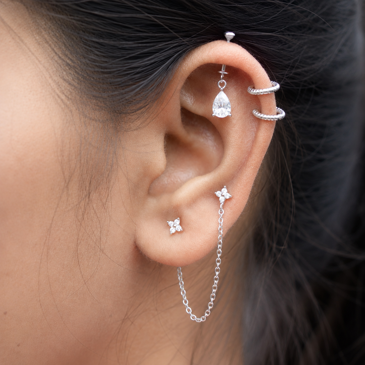 Cubic Zirconia Teardrop Helix Hanging Earrings