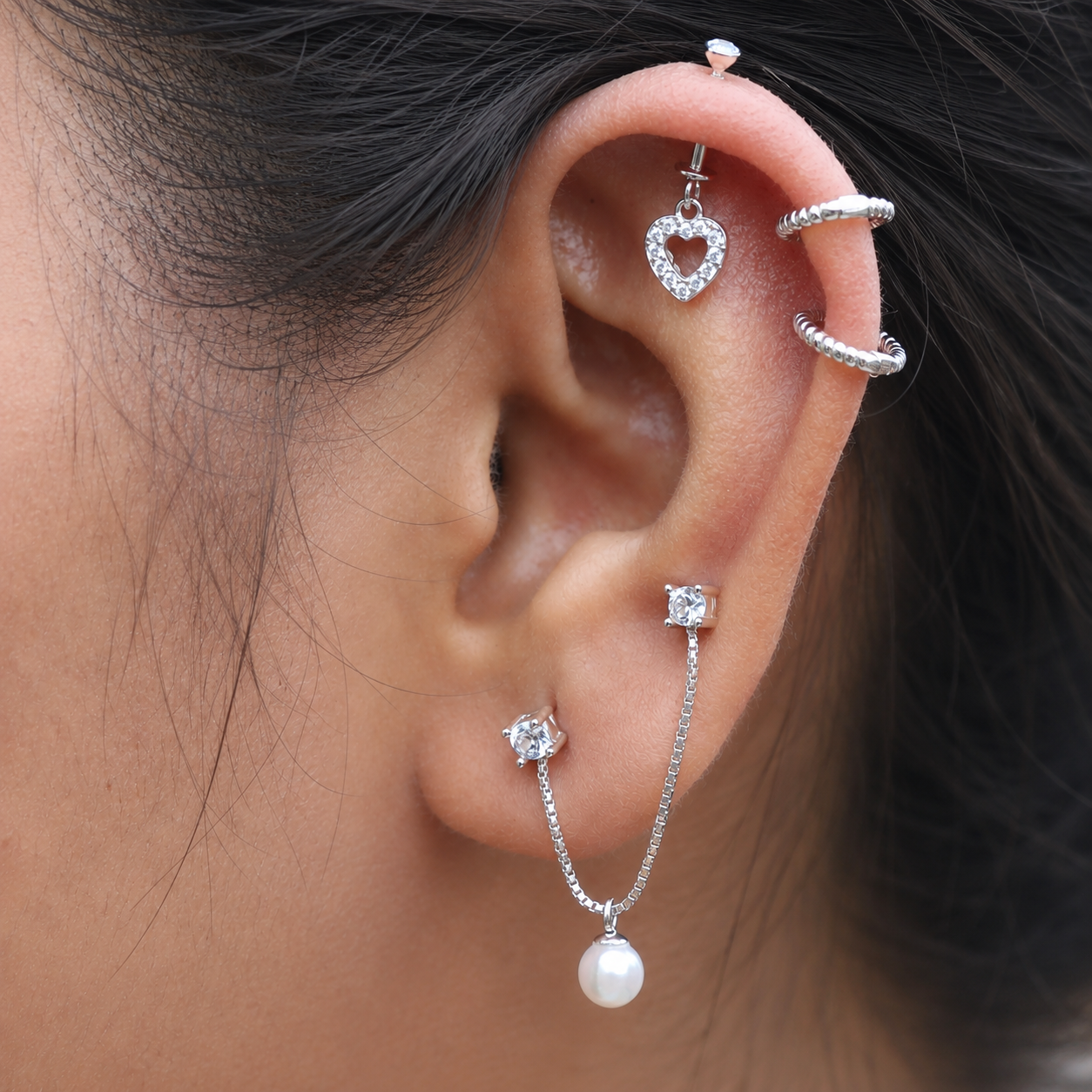 Zirconia Heart Drop Helix Hanging Earrings