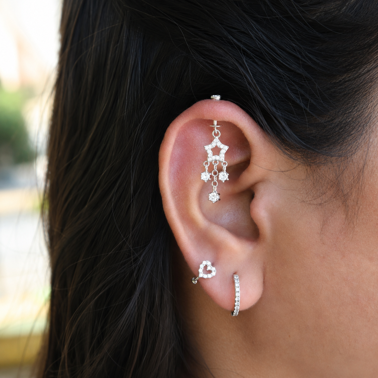 Star with Stone Droplets Helix Hanging Earrings