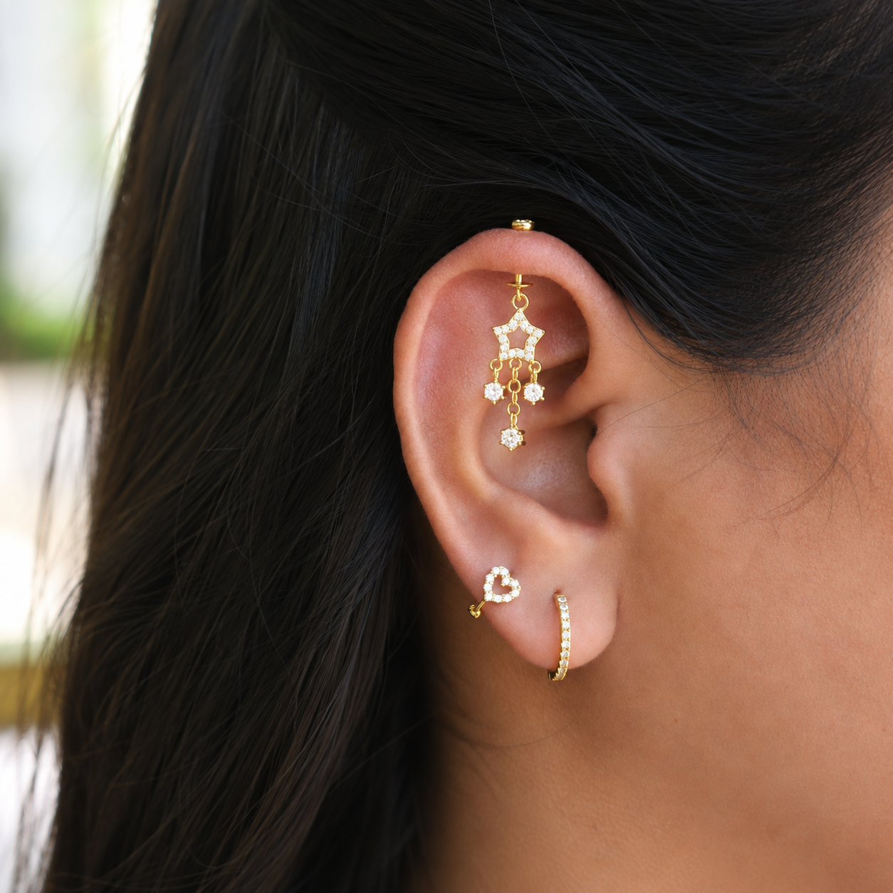 Star with Stone Droplets Helix Hanging Earrings