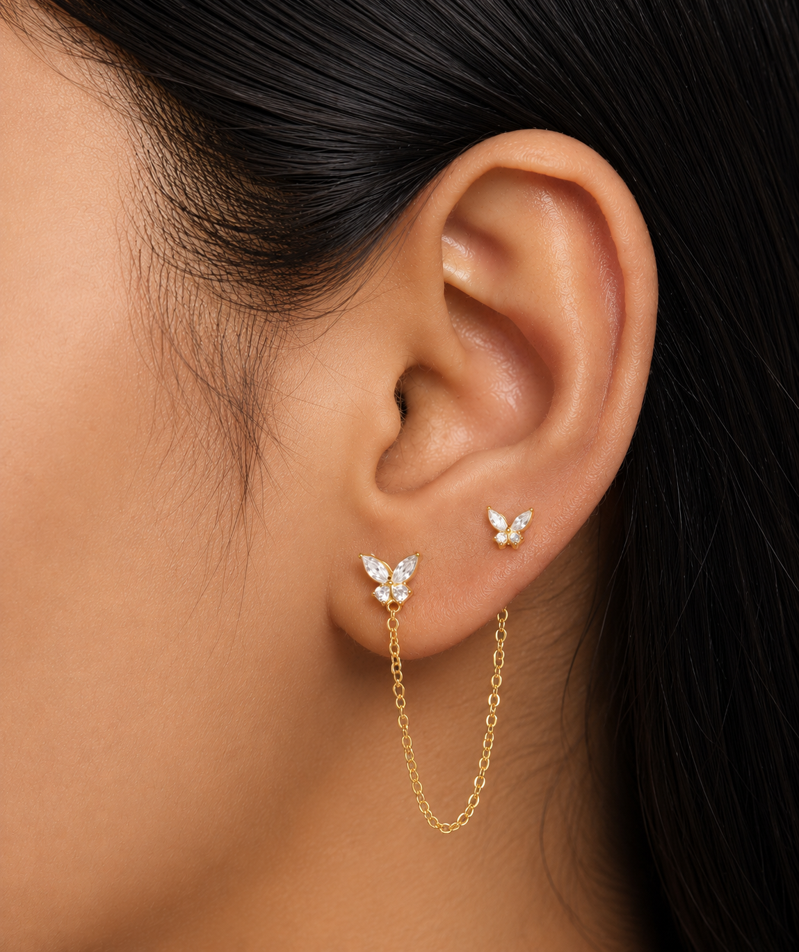 2 in 1 Butterfly Zirconia Chain Connector Earrings