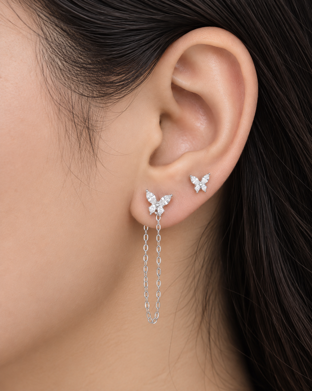 2 in 1 Butterfly Zirconia Chain Connector Earrings