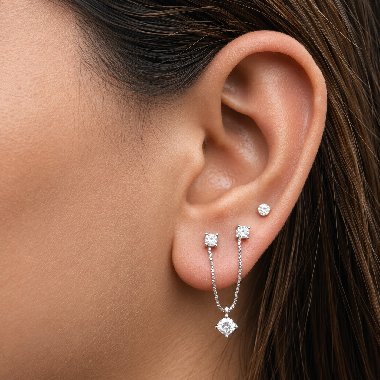Triple Stone Chain Connector Earrings