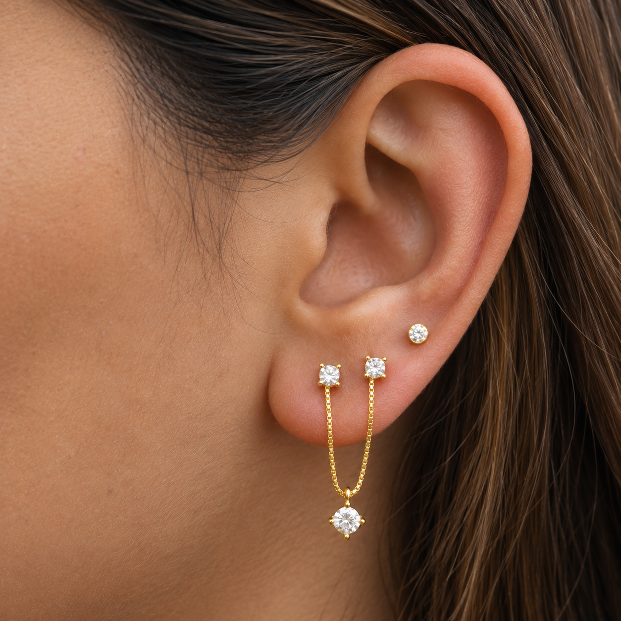 Triple Stone Chain Connector Earrings
