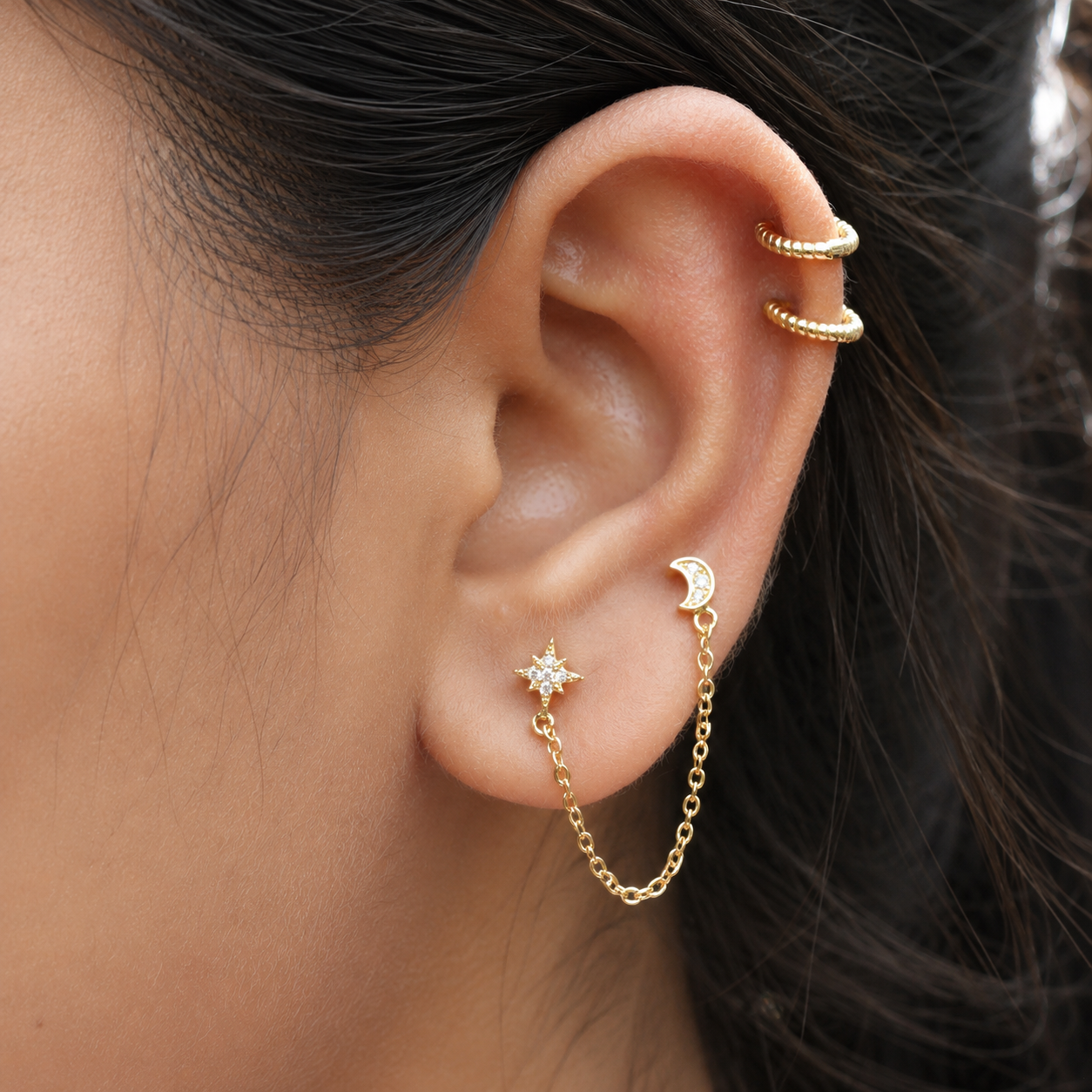 Star & Moon Chain Connector Earrings