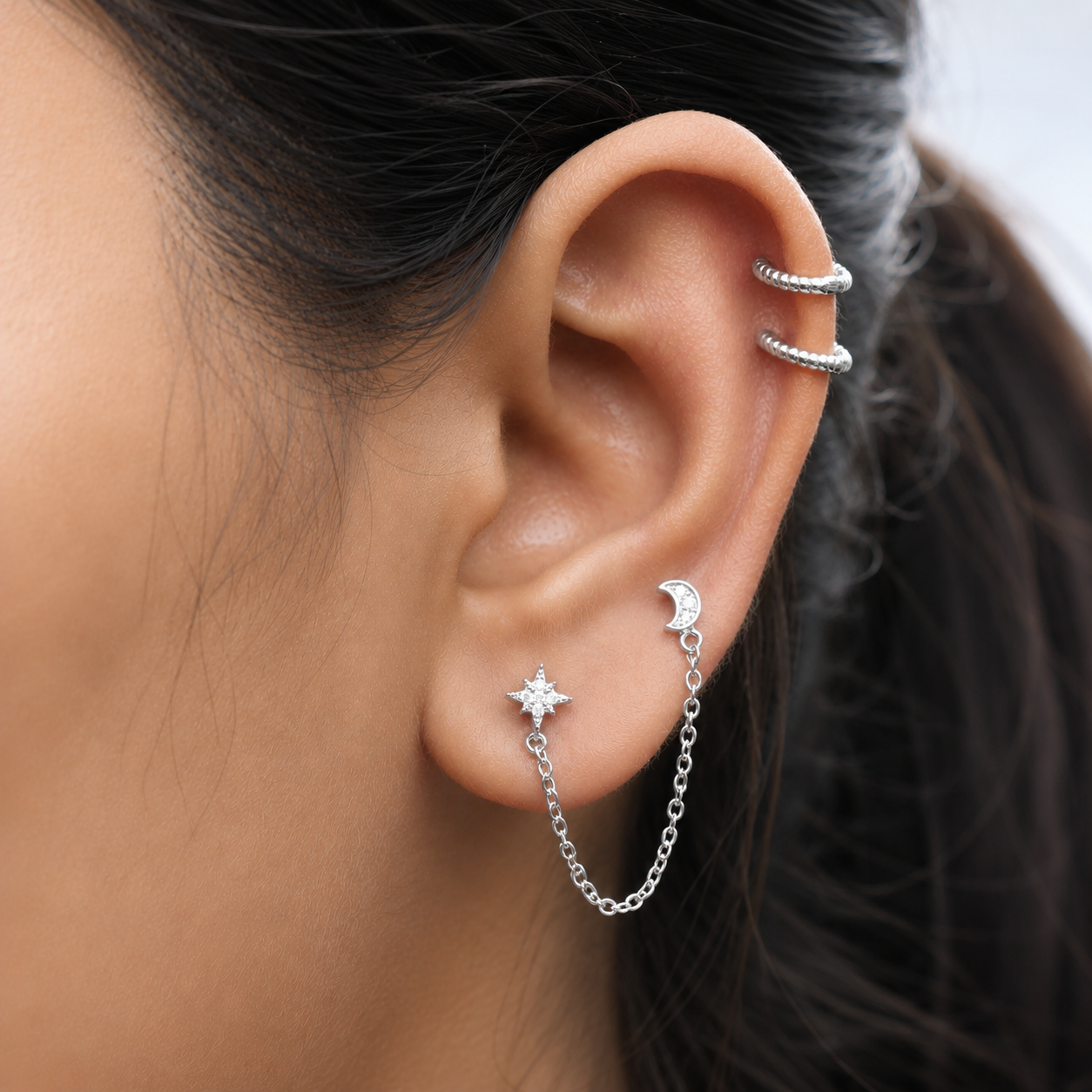 Star & Moon Chain Connector Earrings