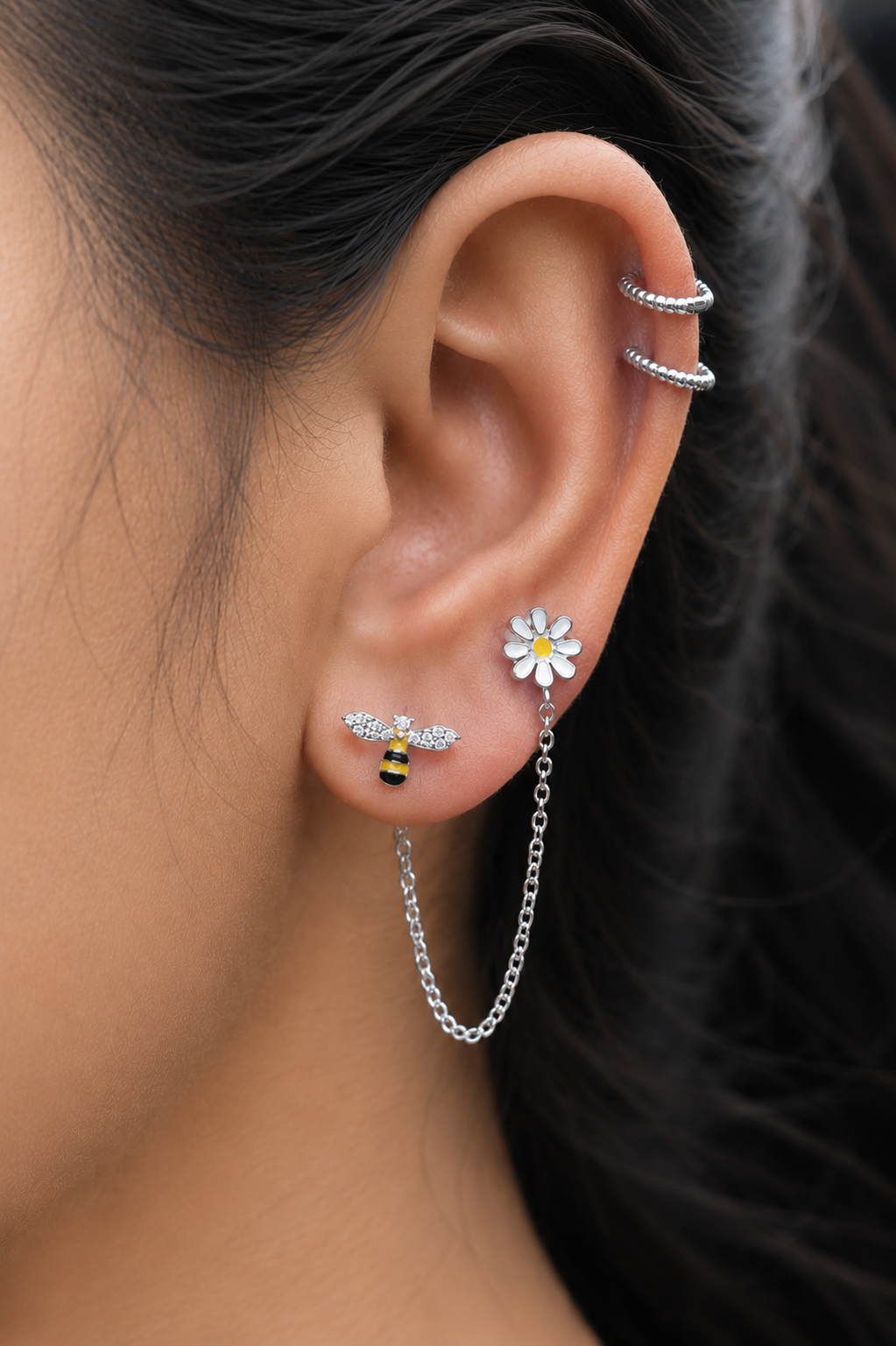 2 in 1 Bee and Flower Chain Connector Earrings
