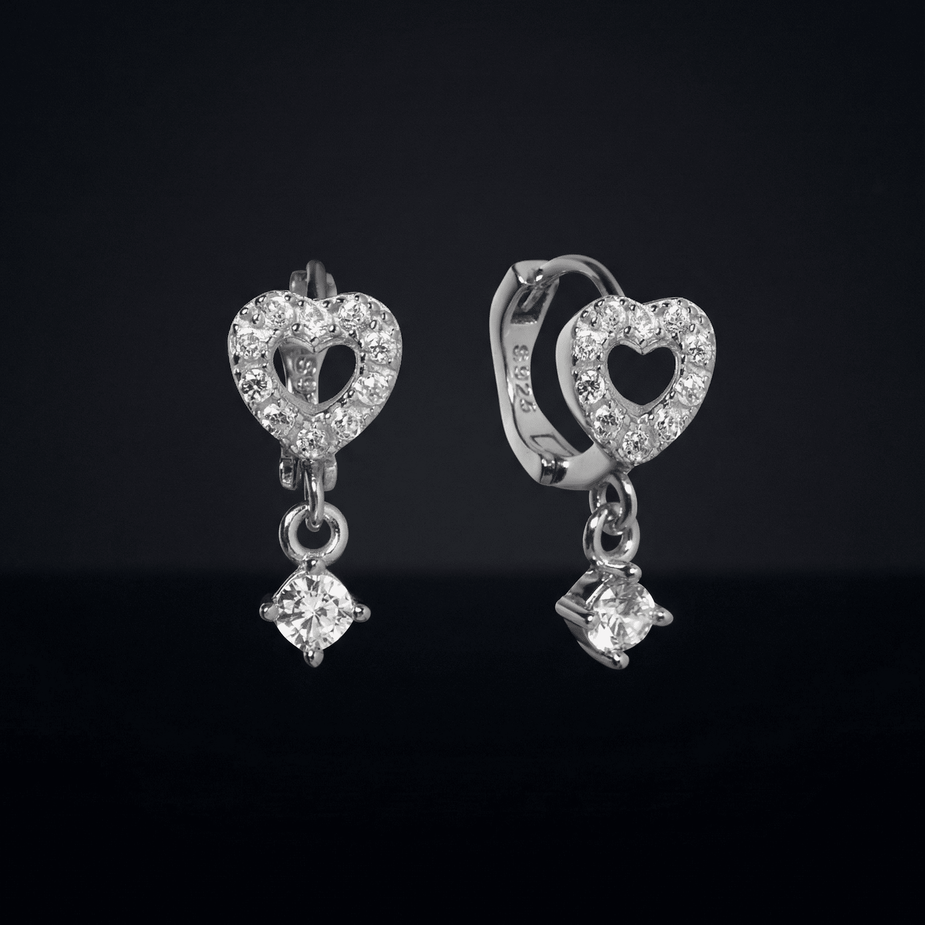 Huggie Heart Drop Hoop Earrings