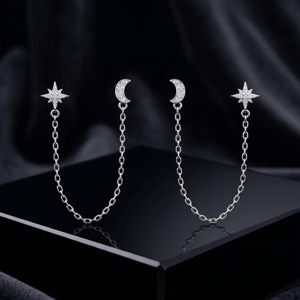 Star & Moon Chain Connector Earrings