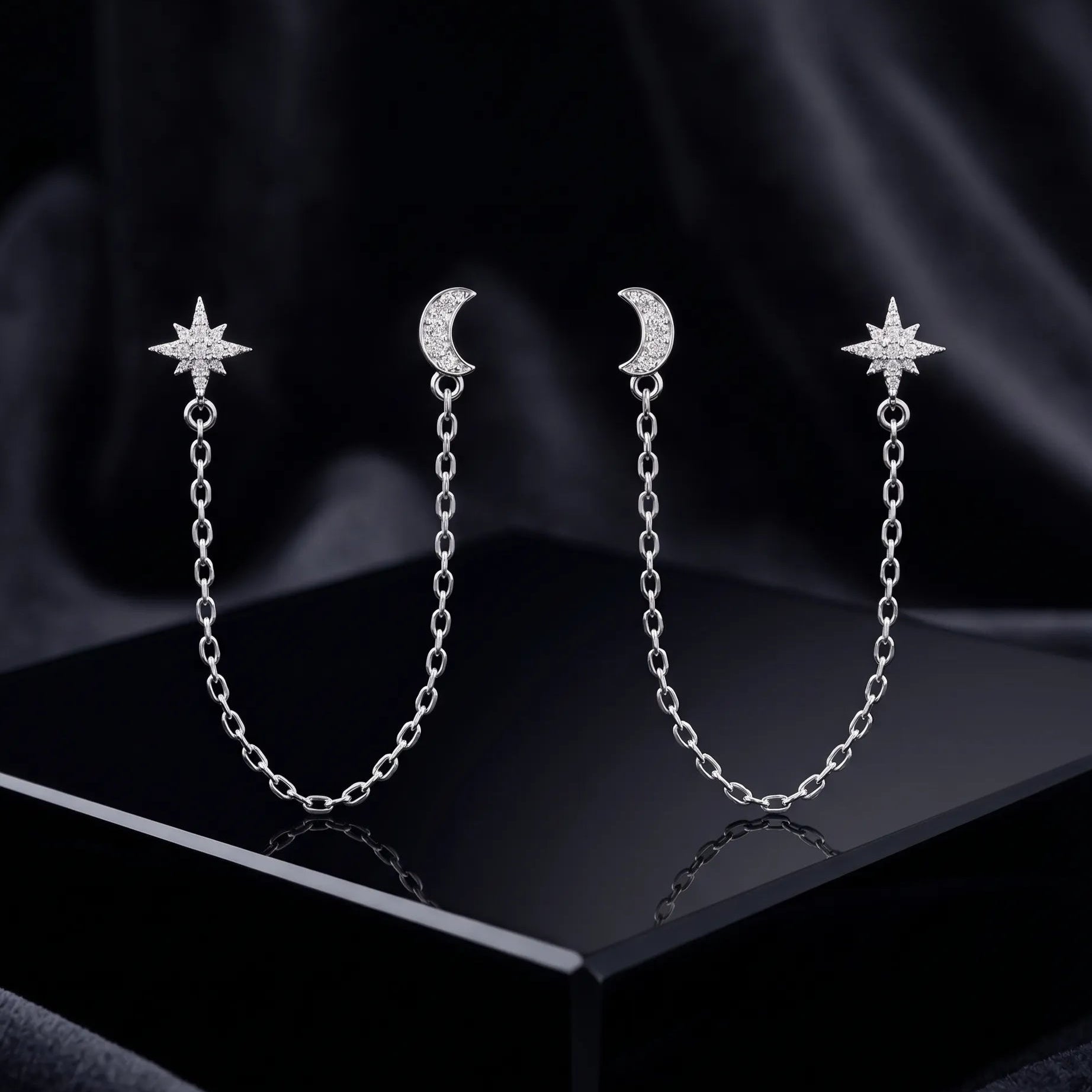 Star & Moon Chain Connector Earrings