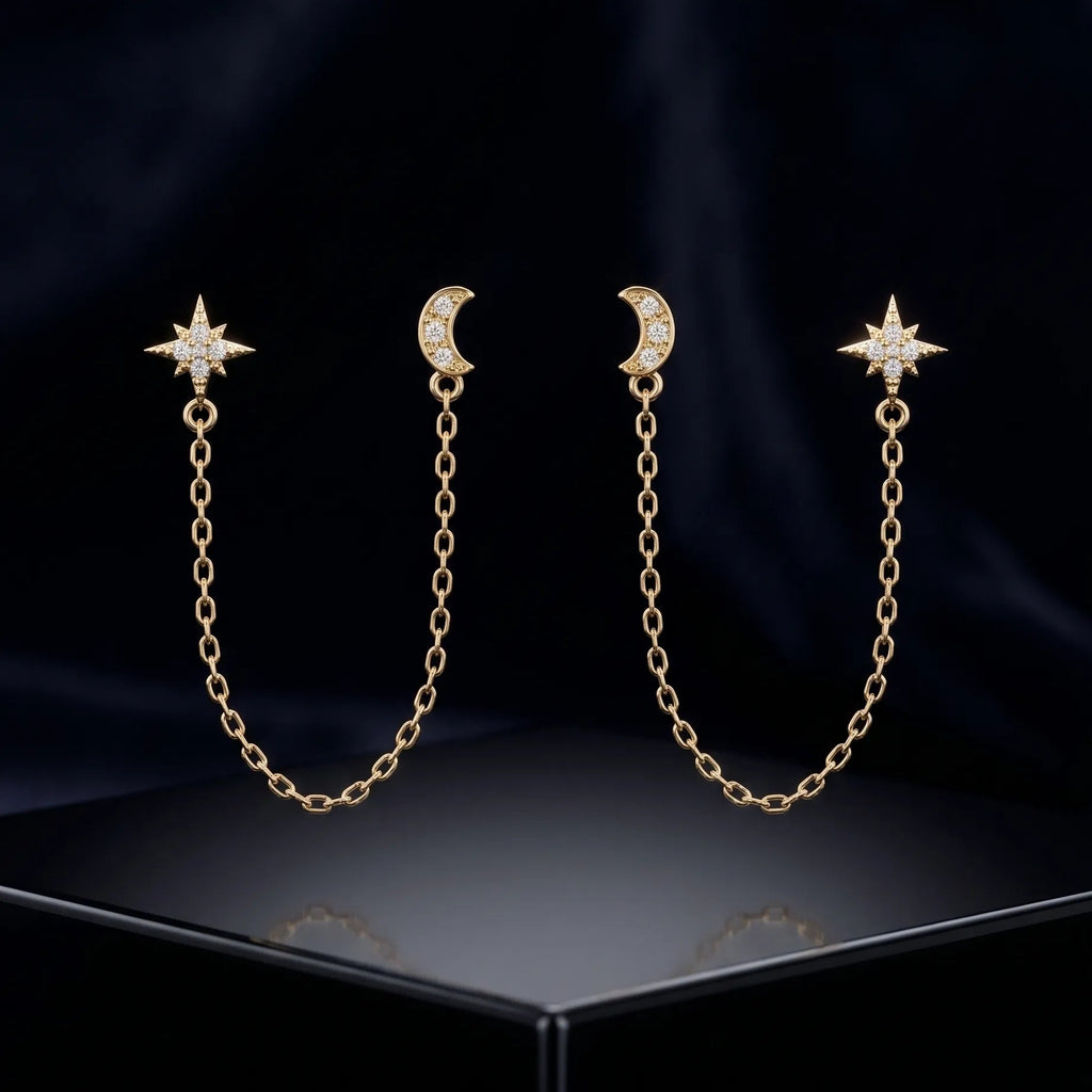 Star & Moon Chain Connector Earrings