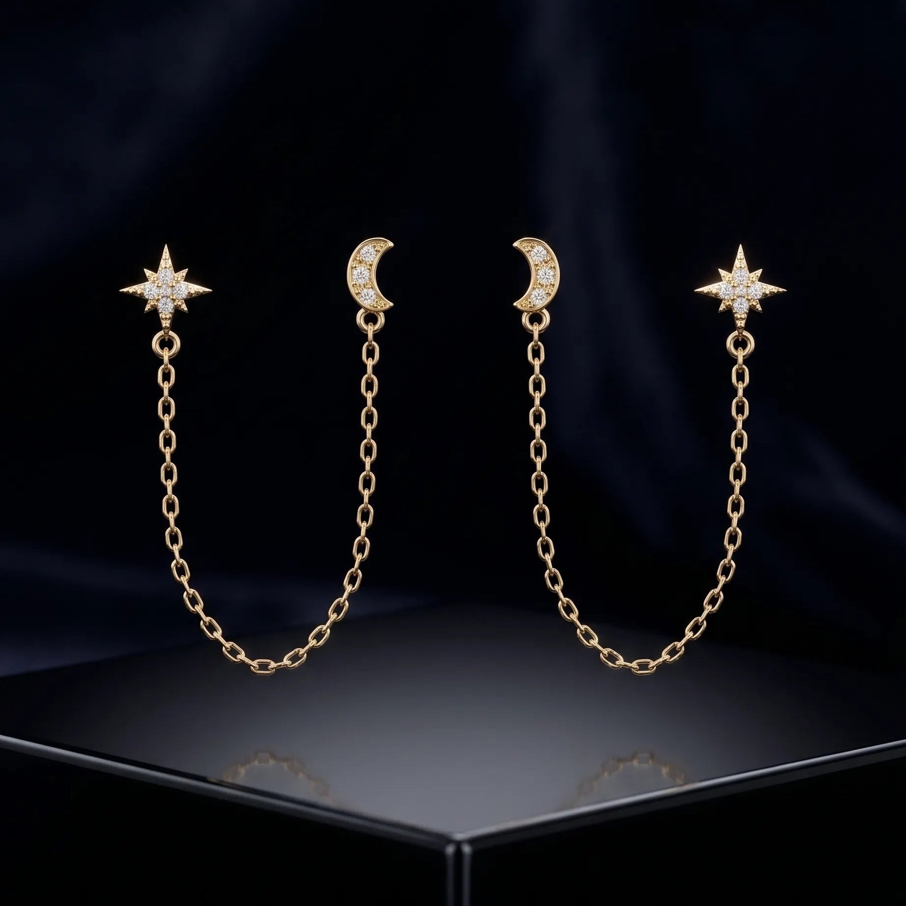 Star & Moon Chain Connector Earrings